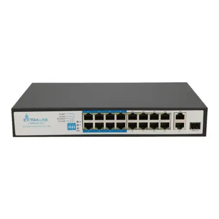 EXTRALINK Virtus v3 16xFE 2xGE 1xSFP 16xPoE 250m PoE Fast Ethernet unmanaged 802.3af/at PoE switch power supply 150W rack