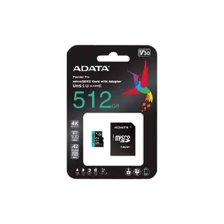 ADATA AUSDX512GUI3V30SA2-RA1 ADATA 512GB Premier Pro MICROSDXC, R/W up to 100/80 MB/s, with Adapter