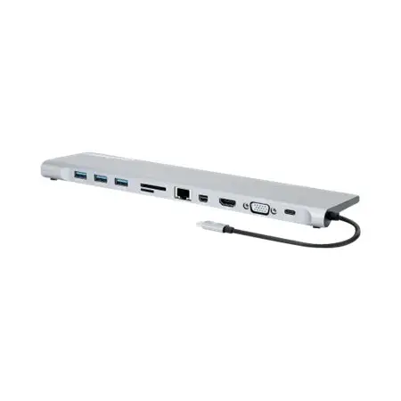 MANHATTAN USB-C PD 11-in-1 Triple-Monitor Docking Station with MST HDMI Mini DP VGA 4K30Hz 3x USB-A PD RJ45 Card Reader 3.5mm Audio