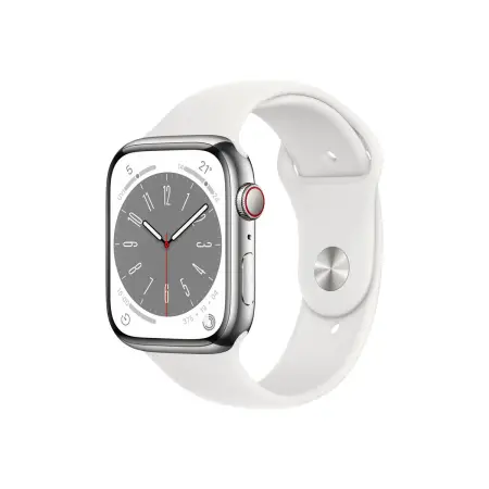 APPLE Watch Series 8 GPS + Cellular 45mm Silver Stainless Steel Case with White Sport Band - Regular