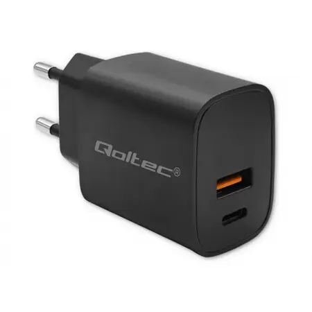 QOLTEC 52377 Ładowarka GaN POWER PRO 1xUSB-C 1xUSB 30W 5-20V 1.5-3A Czarna