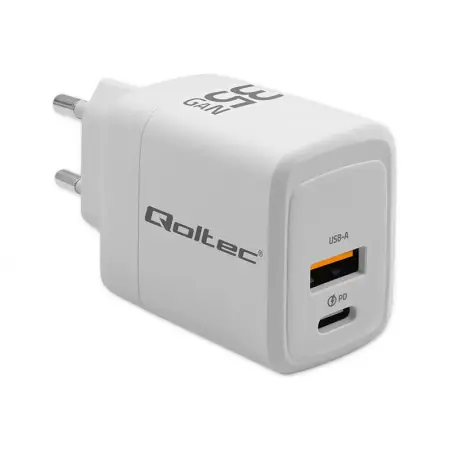 QOLTEC 51824 Ładowarka sieciowa 35W GaN 5/20V 1.5/3A 1 x USB C PD 1 x USB QC 3.0 Biała