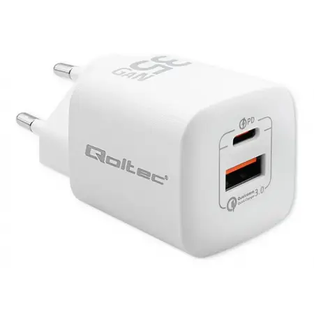 QOLTEC 50763 Ładowarka sieciowa 35W GaN ULTRA / 5-20V / 2.25 3A / 1 x USB typ C PD / 1 x USB / Biała