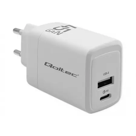 QOLTEC 51825 Ładowarka sieciowa 45W GaN 5/20V 1.5/3A 1 x USB C PD 1 x USB QC 3.0 Biała