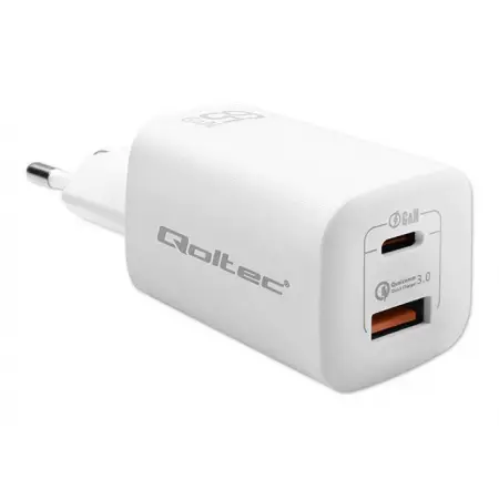 QOLTEC 50765 Ładowarka sieciowa 65W GaN ULTRA / 5-20V / 2.25 3.25A / 1 x USB typ C PD / 1 x USB QC 3.0 / Biała