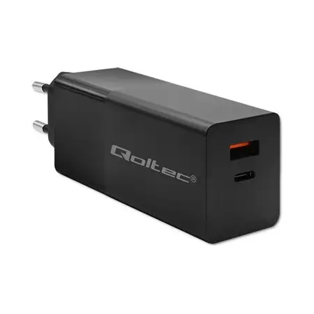 QOLTEC 52382 Ładowarka GaN POWER PRO 1xUSB-C 1xUSB 100W 5-20V 1.5-5A PD Czarna