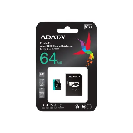 ADATA AUSDX64GUI3V30SA2-RA1 ADATA 64GB Premier Pro MICROSDXC, R/W up to 100/80 MB/s, with Adapter
